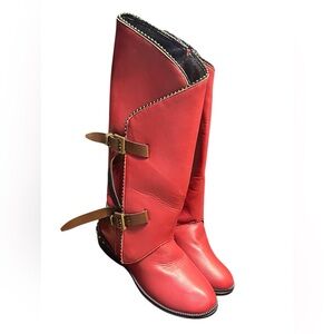 Women's Red Boots — Size 37 EU — Side Zipper with Buckle Straps and Studded Heel